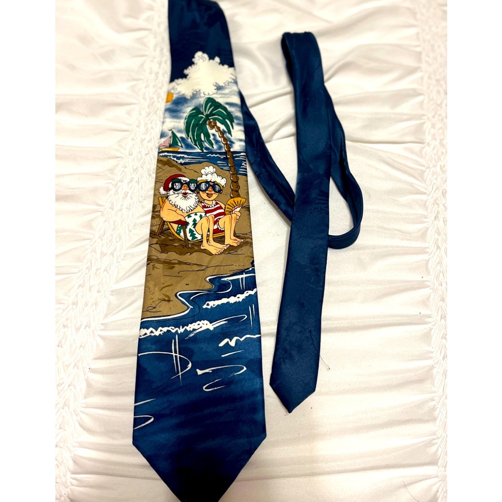 Ho Ho Ho Christmas Santa & Mrs Claus on the Beach polyester tie